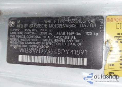 2008 BMW M3 z USA, uszkodzony, nr VIN WBSWD93548PY41891